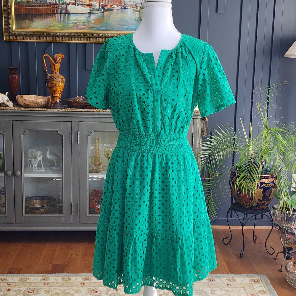 PrettyGarden Green Eyelet Cotton Dress Flutter Sleeve Sz S - Picture 2 of 7